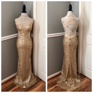NEW FAVIANA SZ 4 GOLD NUDE ILLUSION SEQUIN STRAPLESS CUT OUT FORMAL EVENING GOWN